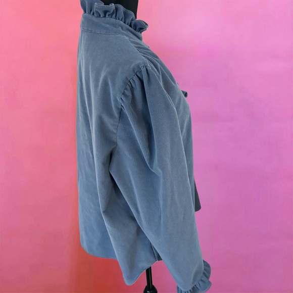 Vintage 70s Sears Victorian Edwardian Style Ruffled Teal Blue Blouse - XL - Picture 5 of 10